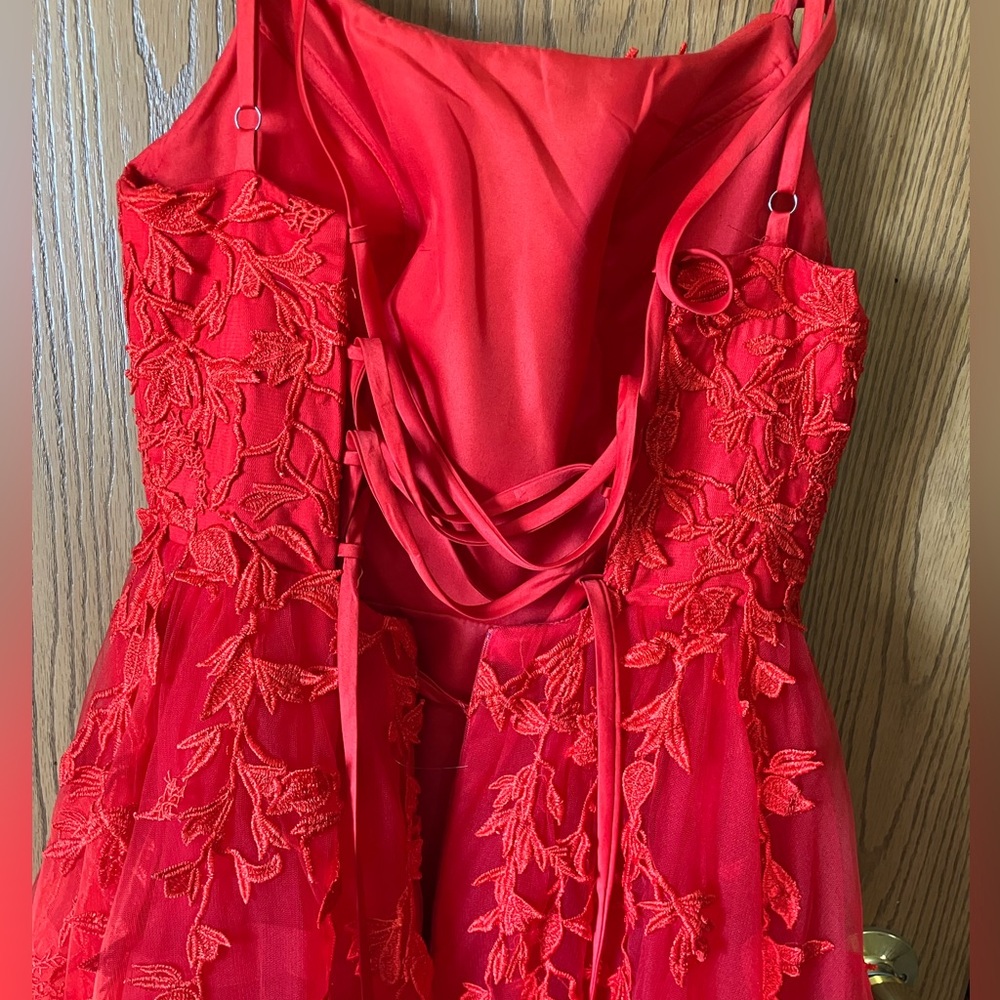 Elegant Red Lace A-Line Corset Back Adjustable Small Floor Length Prom Gown - Picture 5 of 9